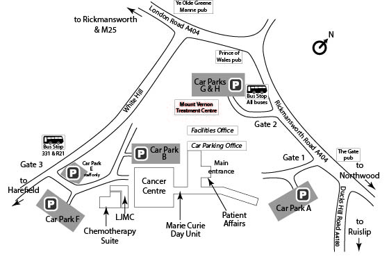 Map of Mount Vernon Cancer Centre surroundings