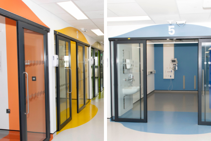 A collage of two images taken before the launch of the new children's emergency department at Lister Hospital in Stevenage, Hertfordshire. The images show a row of colourful new treatment bays.