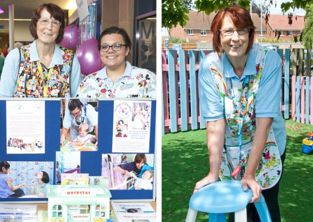 (left)Marilyn stands smiling in front of a presentation. (right) Marilyn is smiling while leaning forward on a stool