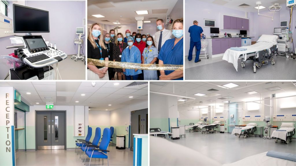 A collage of images showing a scanning machine, procedure room, admission and discharge suite with 6 beds, a reception area with seating, and staff behind a golden ribbon at the official opening.