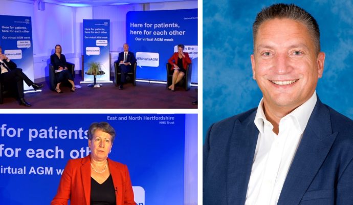 A collage of three photos showing four of the executive in a blue-lit room with blue AGM banners behind them, Trust Chair Ellen Schroder in a black top and red cardigan speaking at last year's AGM, and smiling new chief executive Adam Sewell-Jones in a blue suit jacket and white shirt in front of a blue blackground.