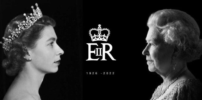 Two headshot photos on a black background of Her Majesty Queen Elizabeth II, taken at different stages in her life. In the middle of each is the 'ER' royal cypher.
