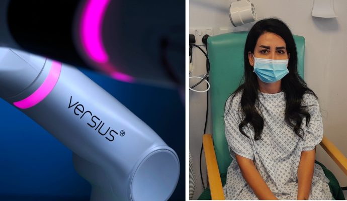 Two photos side by side, showing the arm of the Versius robot with a pink flourescent light, and patient Sanaz sitting in a chair and wearing a white theatre gown and light blue face mask.