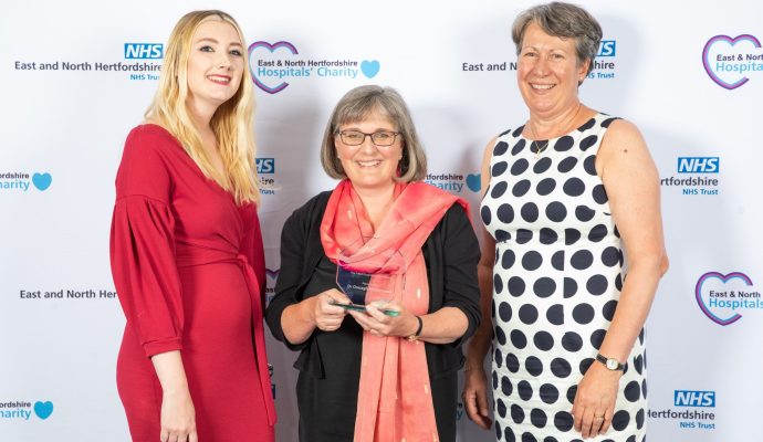 An image taken at the 2022 Time to Shine! Awards. The image features Georgia Barrow of The Comet, Dr Oonagh McGuinness and East and North Hertfordshire NHS Trust Chair Ellen Schroder.
