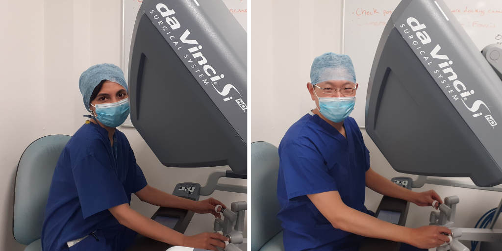 Gynaecology consultants Miss Ghadah Ahson and Mr C P Lim, both pictured at the controls of the da Vinci Si Surgical System.