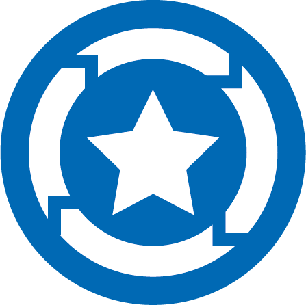An icon depicting improvement - white out on a blue circle background of a wheel turning clockwise with a star in the middle