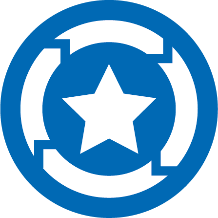 A circular blue icon with a circle of white arrows around a star in the middle.