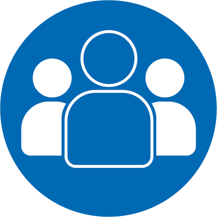Blue circle icon with three shapes to represent three people