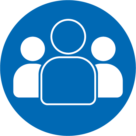 Blue circle icon with three shapes to represent three people