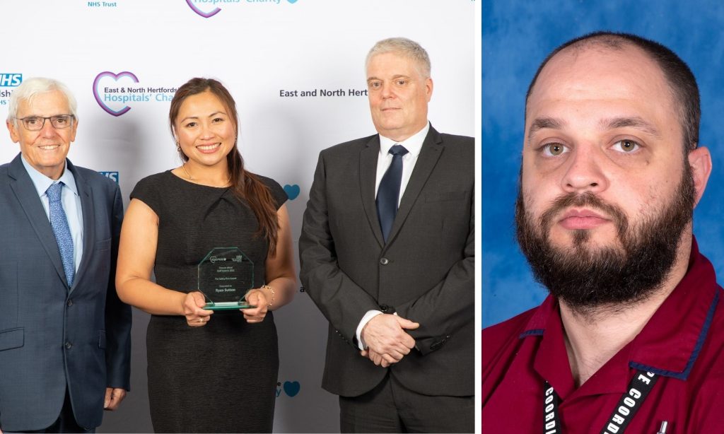 A split photo showing a smiling Mae Cometa with Ryan's award, and a picture of Ryan Sutton in his red uniform.