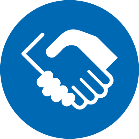 A circular blue icon showing a handshake