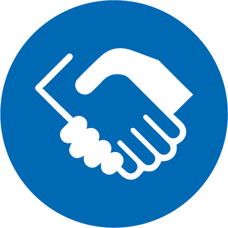 A circular blue icon showing a handshake