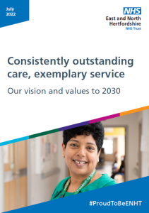 Image shows cover of the booklet titled Consistently outstanding care, exemplary service: our vision and values to 2030. 