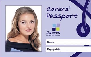 An example of a carers passport, including a photo of woman and space for name and registration number