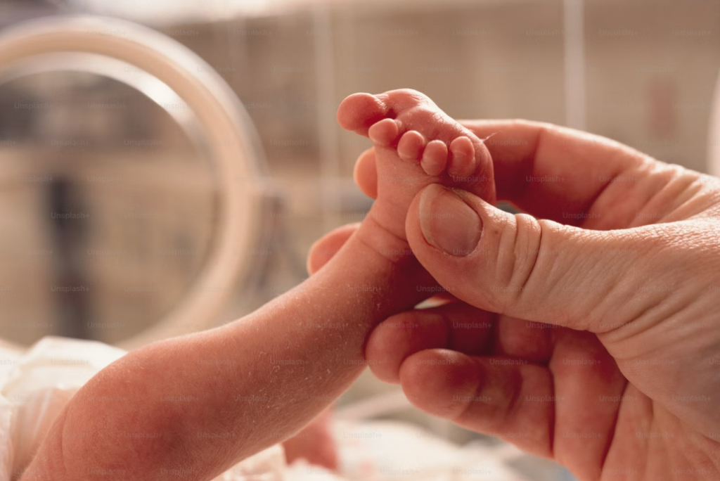An image of a parent's hand holding the foot of a premature baby. The baby is inside an incubator. 