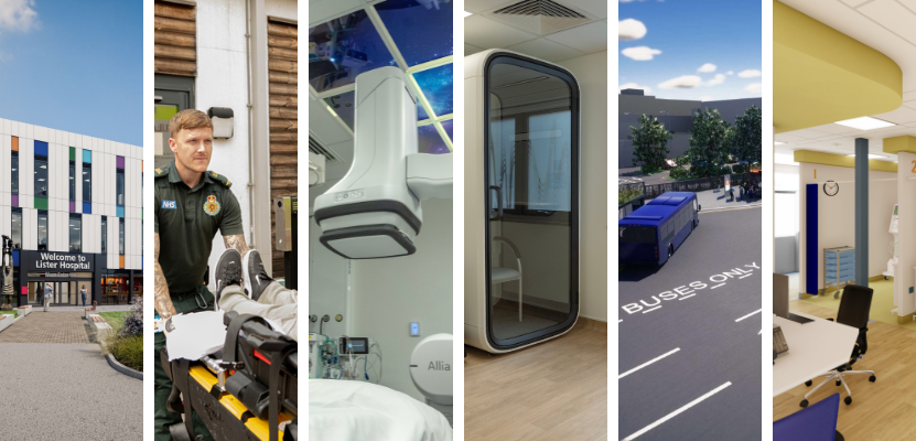A collage of images displaying improvement works that have taken place at Lister Hospital in Stevenage. The image features a mixture of photos taken after the launch of services, as well as artist impression imagery of what is in the pipeline.