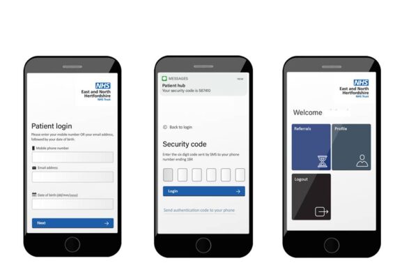 Images of the patient hub screens on a mobile phone