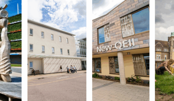 A collage of images of the East and North Hertfordshire NHS Trust's four sites.