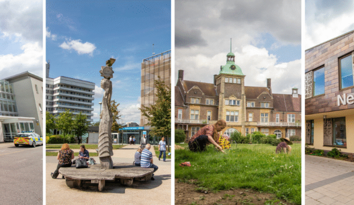 A collage of four hospital sites depicting Hertford County Hospital, Lister Hospital, Mount Vernon Cancer Centre and the New QEII Hospital.