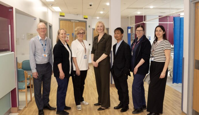 Staff from East and North Hertfordshire Teaching NHS Trust’s stroke service and board of directors are photographed alongside Professor Deborah Lowe at Lister Hospital in Stevenage, Hertfordshire.