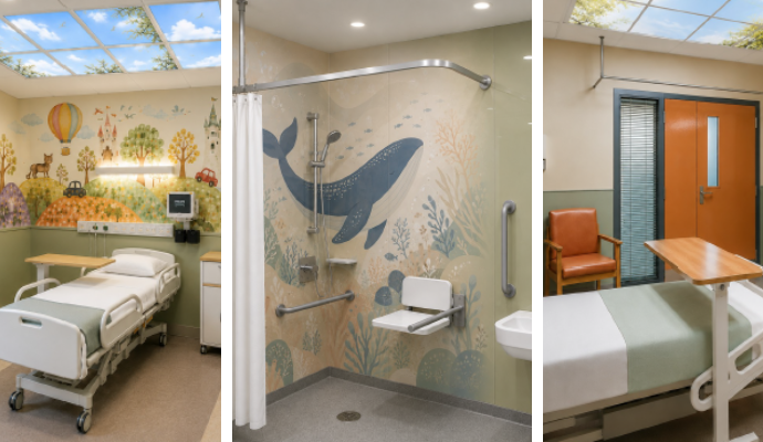 Artist impression imagery of how the new patient facilities at the new paediatric unit at Lister Hospital in Stevenage might look. The image depicts a colourful patient bedspace with welcoming murals and a skylight, as well as shower facilities with a bright whale mural on the walls.