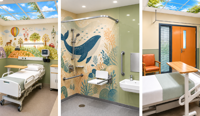 A collage of three images depicting artist impression imagery of what the new paediatric unit at Lister Hospital will look like.
